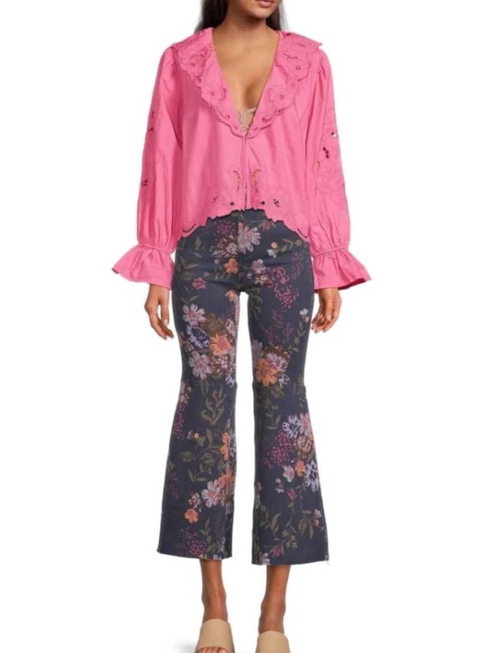 Free People Maisie Boho Pink Cotton Eyelet floral Embroidered Blouse Size M - Picture 12 of 12